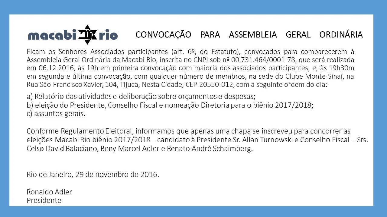 CHAPA ÚNICA NAS ELEIÇÕES DA MACABI RIO